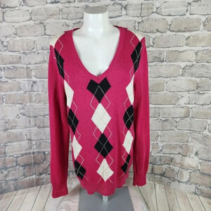 Izod Golf Argyle Low VNeck Sweater Cotton Pullover Hot Pink  Size XL